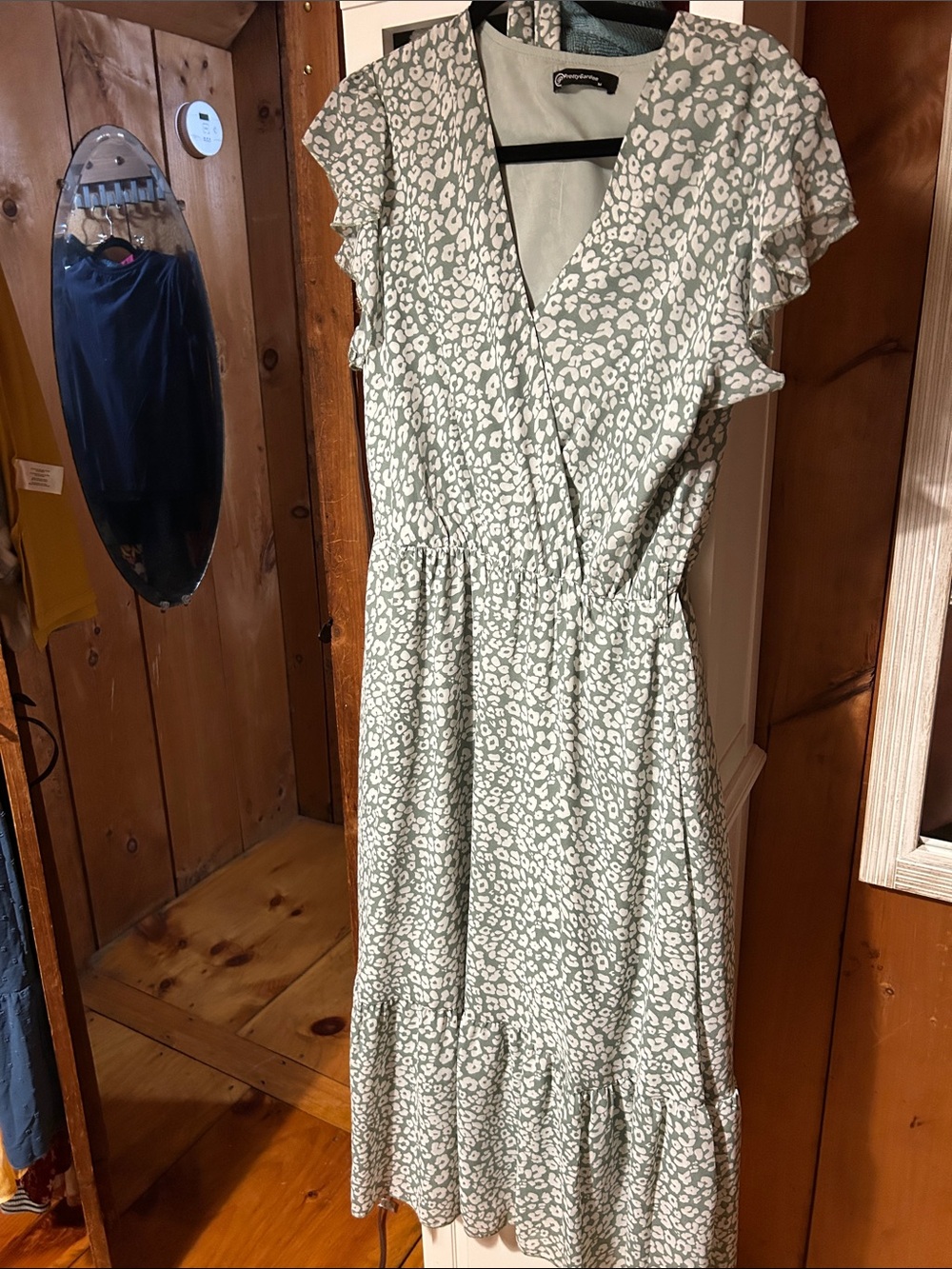 Soft Sage Green Printed Wrap Midi Dress with Ruffle Hem